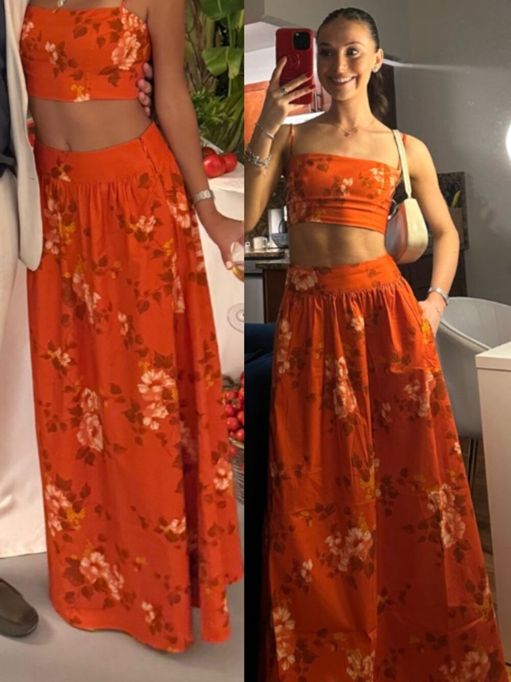 Reformation Amor Two Piece Set Coral Bloom Orange Floral Top Skirt Size 4 - Picture 3 of 13